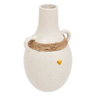 Vase Blanc En Céramique Sablé Avec Coeur Doré Et Corde En Jute H 22 Cm
