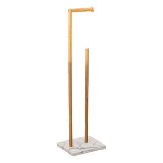 Dérouleur Papier Toilette Wc Avec Réserve En Bambou Et Résine Blanc Marbré H 78 Cm