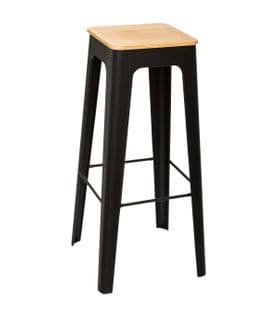 Tabouret De Bar En Métal Noir Et Assise En Bois  H 80 Cm