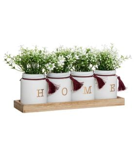 Set De 4 Plantes Artificielles Pots En Verre Avec Pompons Plateau En Bois