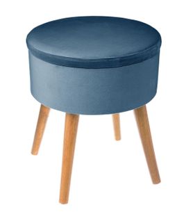 Tabouret Avec Coffre En Velours Bleu Et Pieds En Bois Naturel H 43 Cm