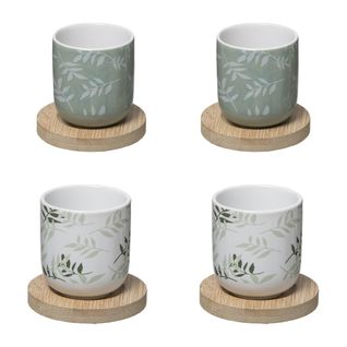 Coffret 8 Pièces : 4 Tasses à Café En Faïence Et 4 Sous Tasses En Bambou