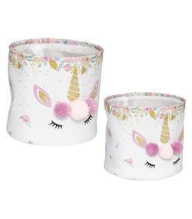 Set De 2 Paniers De Rangement Licorne En Tissu Avec Pompons