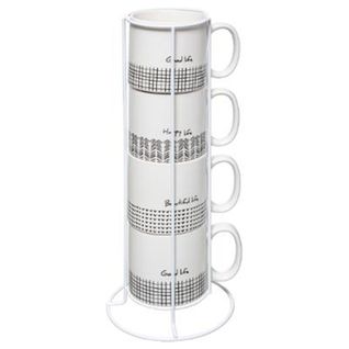 Lot De 4 Mugs et Rack Design "life" 24cl Blanc