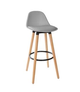 Tabouret De Bar Confortable Assise Grise Et Pieds En Bois H 92 Cm