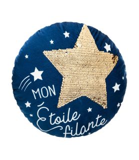 Coussin Décoratif Bleu Etoile Dorée En Sequins D 40 Cm Déco Enfant