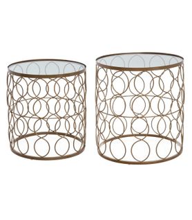 Lot De 2 Tables D'appoint En Verre Trempé Et Métal Doré Mat