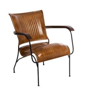 Fauteuil En Métal Noir Et Cuir Cognac Accoudoirs En Bois De Manguier