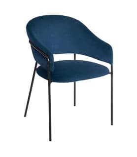 Chaise Fauteuil De Table En Velours Bleu Et Pieds En Métal Noir