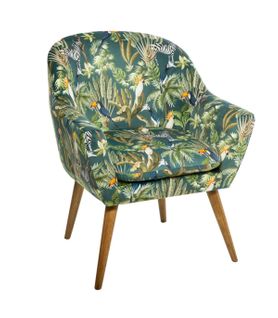 Fauteuil En Velours Vert Motif Jungle Et Pieds En Bois