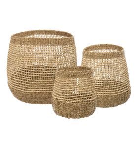 Set De 3 Paniers De Rangement Rond En Osier Naturel Tressé Et Ajouré