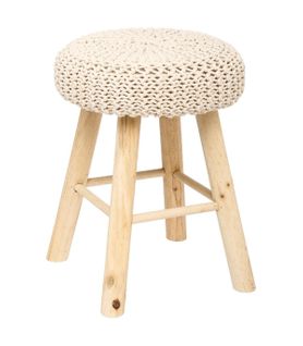 Tabouret Beige Et Pied En Bois Naturel H 43 Cm