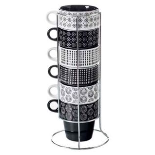 Set De 6 Mugs Sur Rack "ethnik" Noir & Blanc H. 9