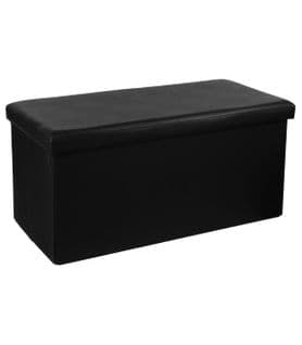 2 En 1 Pouf Pliant Double Et Coffre De Rangement Vinyle Noir  76.6 X H 37.5 Cm