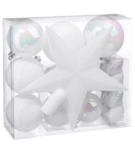 Déco De Sapin De Noël Kit De 18 Pièces Boules Et Cimier - Blanc Irisé