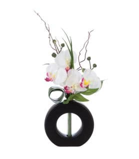 Composition Florale D'orchidées Artificielles Vase Noir En Céramique H 45 Cm