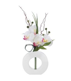 Composition Florale D'orchidées Artificielles Vase Blanc En Céramique H 45 Cm
