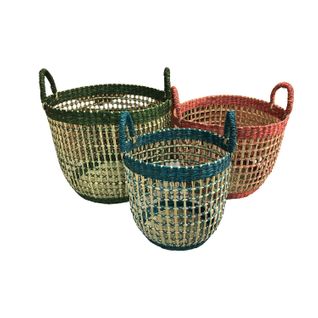 Lot De 3 Paniers Colorés En Jonc De Mer - Vert, Rouge Et Bleu