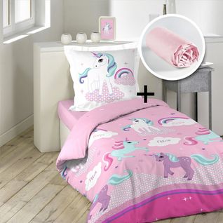 Pack Parure 1 Housse De Couette 140x200 + 1 To 63x63 Licorne + 1 Dh 90x190