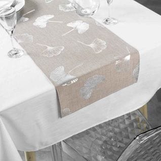 Nappe et Chemin De Table "euphoria" 140x250cm Blanc et Noisette