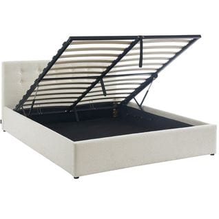 Lit Coffre 140x190 En Tissu Bouclé Écru Avec Tête De Lit Et Sommier À Lattes - Tina