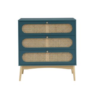 Commode Sixtine Bleu Canard Et Cannage Rotin 3 Tiroirs