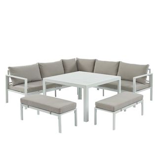 Salon De Jardin Dina 8 Places En Aluminium Blanc Et Coussins Beige Avec Housse