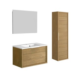 Meuble De Salle De Bain Sorento Couleur Chêne Clair 80 Cm + Plan Vasque Style + Miroir Deko 80x60cm