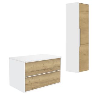 Meuble De Salle De Bain Border 80cm + Plan Vasque à Poser + Colonne Chêne Halifax Naturel Et Blanc