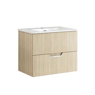 Meuble De Salle De Bain 70cm À Suspendre Avec Rangement Chêne Sable Tempo + Vasque Kosmik Blanche