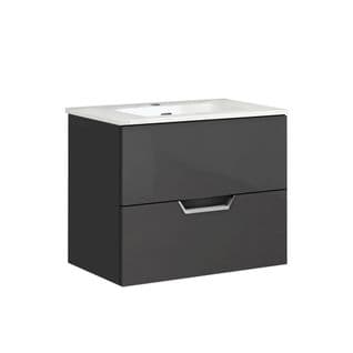 Meuble De Salle De Bain 70cm À Suspendre Avec Rangement Anthracite Tempo + Vasque Kosmik Blanche