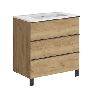 Meuble De Salle De Bain Monté 80cm à Sus Avec Rangement Chêne Santiago + Vsqe blanche