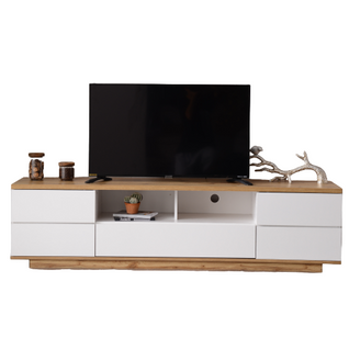Meuble TV moderne en blocs, finition en grain de bois, 180 cm, blanc
