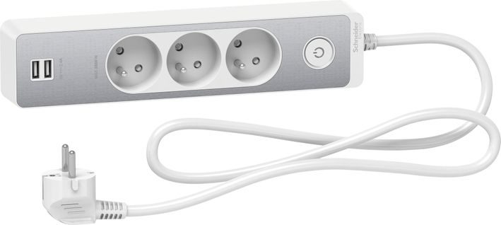 Bloc Multiprises 3 Prises 2p+t Et 2 USB (câble 1,5m) Blanc  - Schneider