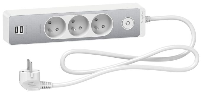 Bloc Multiprises 3 Prises 2p+t Et 2 USB (câble 1,5m) Blanc Et Aluminium  - Schneider