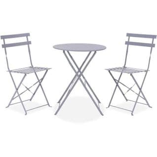 Set Bistrot Ensemble Repas De Jardin Table Pliante Diam.60 Cm + 2 Chaises Acier Thermolaqué Gris