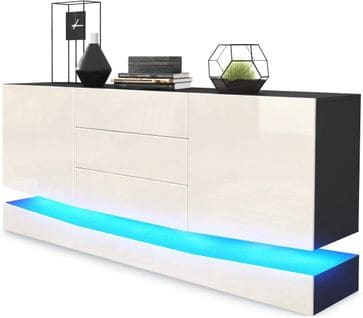 Buffet Noir Et Crème Corps Mat Façade Haute Brillance Avec Éclairage LED Rgb