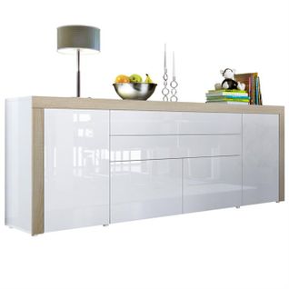 Buffet  Blanc Haute Brillance Bordure Chêne Brut Mdf 200 x 72 x 35 Cm