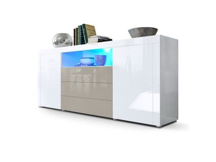 Buffet Laqué Blanc Et Gris Sable Avec Éclairage LED 167x 72 X 35 Cm