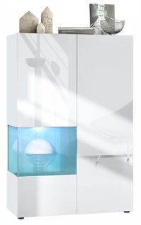 Vitrine Blanc Mat Et Brillant Insertion Pétrol Laquée (lxhxp) : 91,5 X 136,5 X 37 Cm + LED Blanc