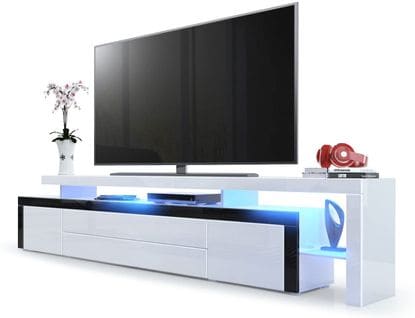 Meuble TV Blanc Et Noir Laqué  227 Cm + LED Rgb  52 X 227 X 35 Cm