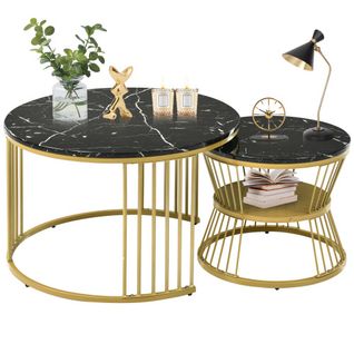 Table basse gigogne moderne, ensemble de tables basses en placage de marbre, cadre de couleur dorée