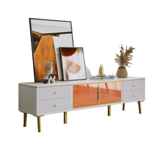 Meuble TV moderne aspect 170x37x47,5 marbre avec tiroirs et portes en verre trempé marron
