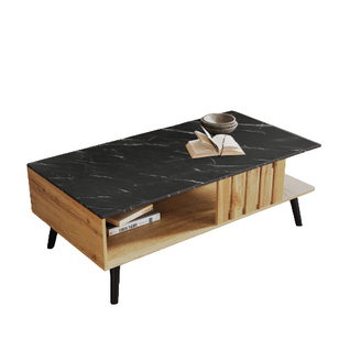 Table basse patchwork couleur bois noir 90x54x40, design bord PVC, motif texturé, élégance