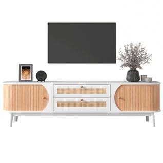 Meuble TV en bois naturel avec Portes et tiroirs en rotin, Style champêtre, blanc