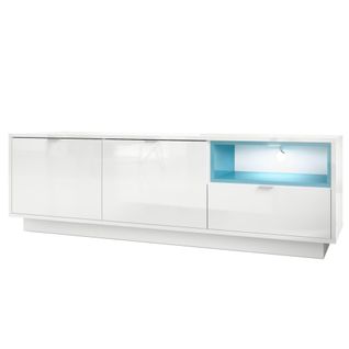 Meuble TV  Blanc Haute Brillance Avec Une Insertion En Turquoise Haute Brillance + LED