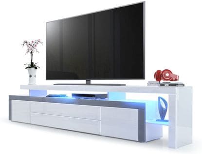 Meuble TV Blanc Et Gris Laqué  Avec LED 52 X 227 X 35  Cm