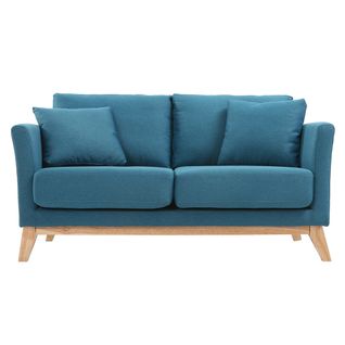 Canapé Scandinave Déhoussable 2 Places En Tissu Bleu Canard Et Bois Clair Oslo