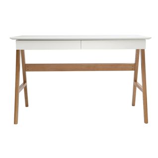 Bureau Avec Rangements 2 Tiroirs Scandinave Blanc Et Bois Clair Chêne L120 Cm Brook