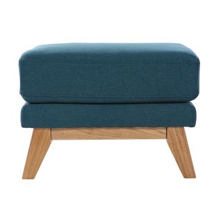 Pouf Repose-pieds Déhoussable Scandinave En Tissu Bleu Canard Et Bois Clair Oslo